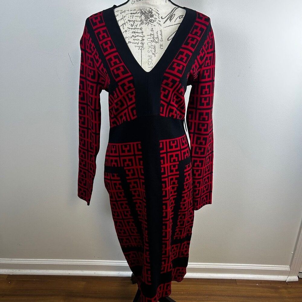 New York & Company Sweater Dress Womens Medium Red Black Geometric Knit V-Neck